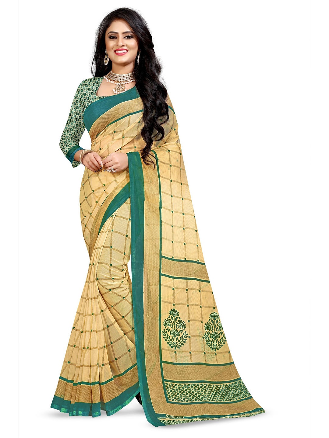 

RUNAYA NX Checked Ethnic Sarees, Green