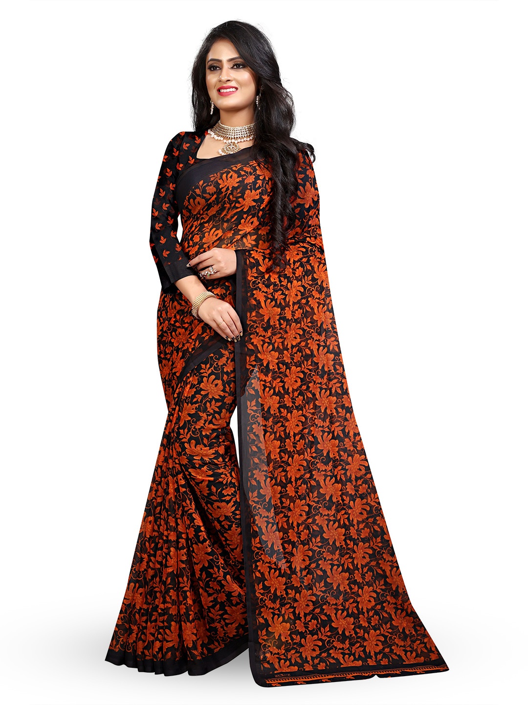 

RUNAYA NX Floral Pure Georgette Block Print Saree, Orange
