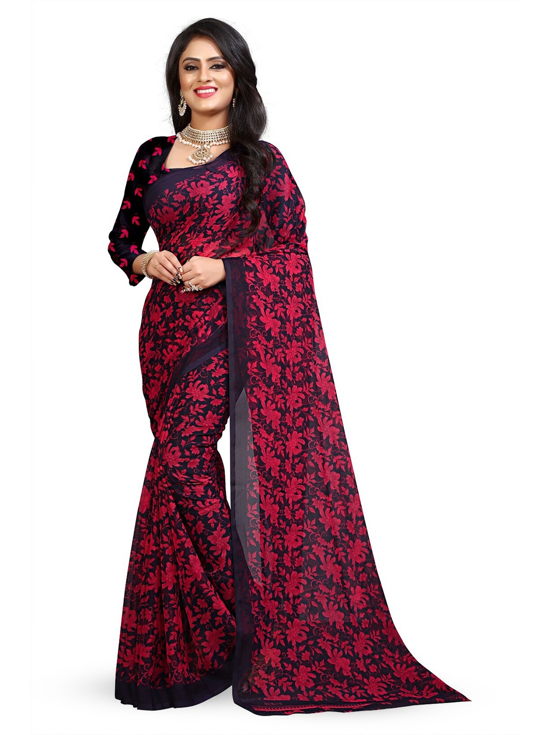 

RUNAYA NX Floral Pure Georgette Block Print Saree, Maroon
