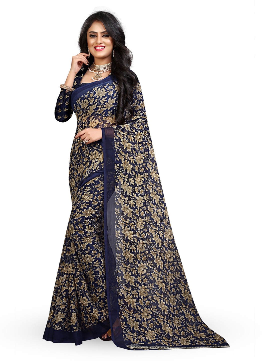 

RUNAYA NX Floral Pure Georgette Block Print Saree, Blue