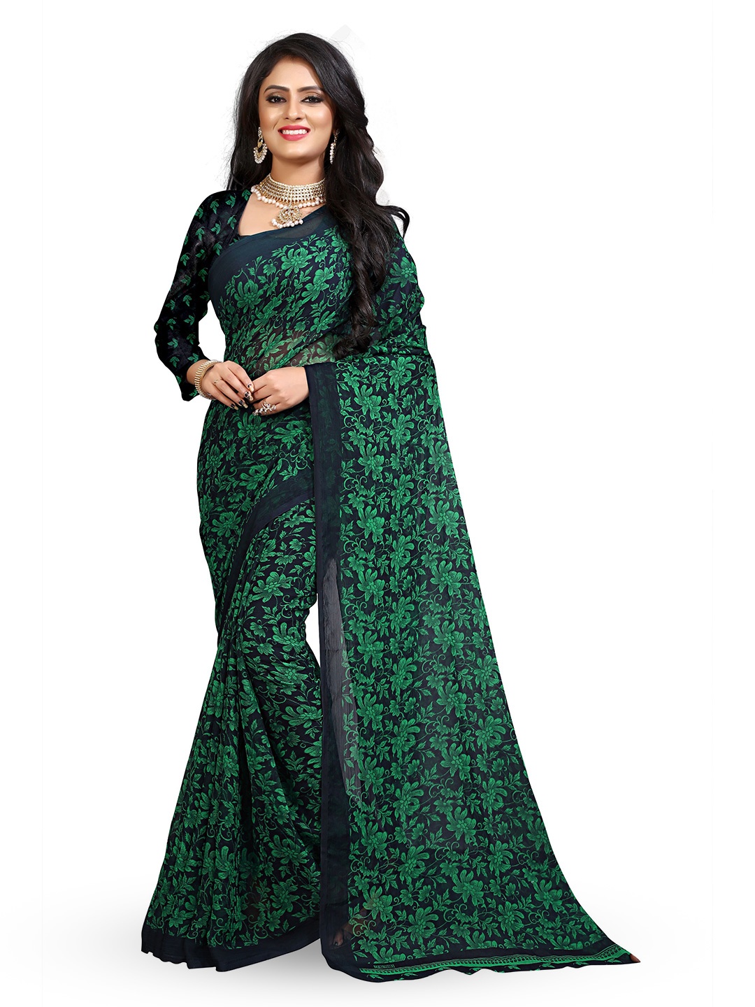 

RUNAYA NX Floral Pure Georgette Block Print Saree, Green