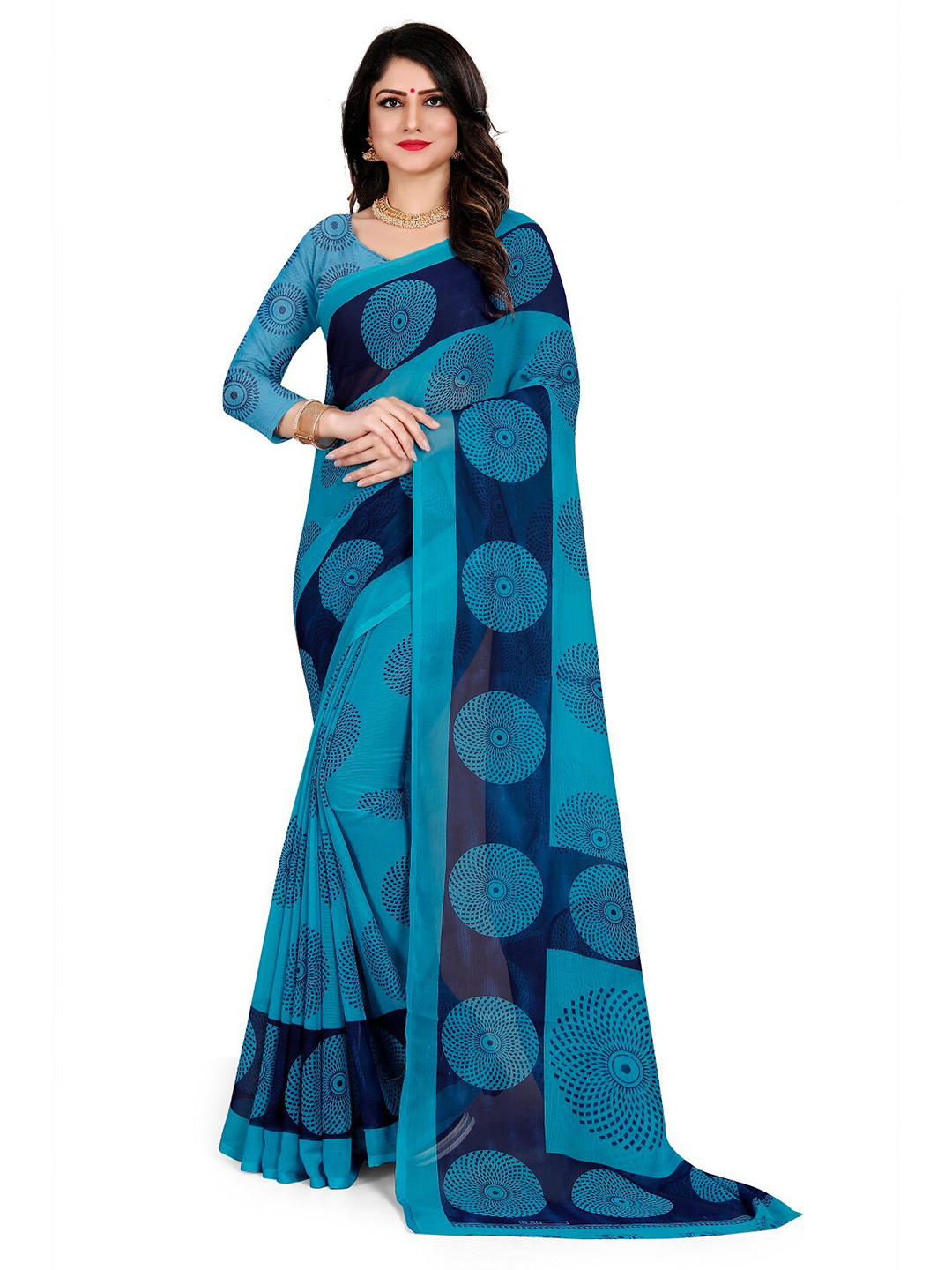 

RUNAYA NX Floral Pure Georgette Block Print Saree, Blue
