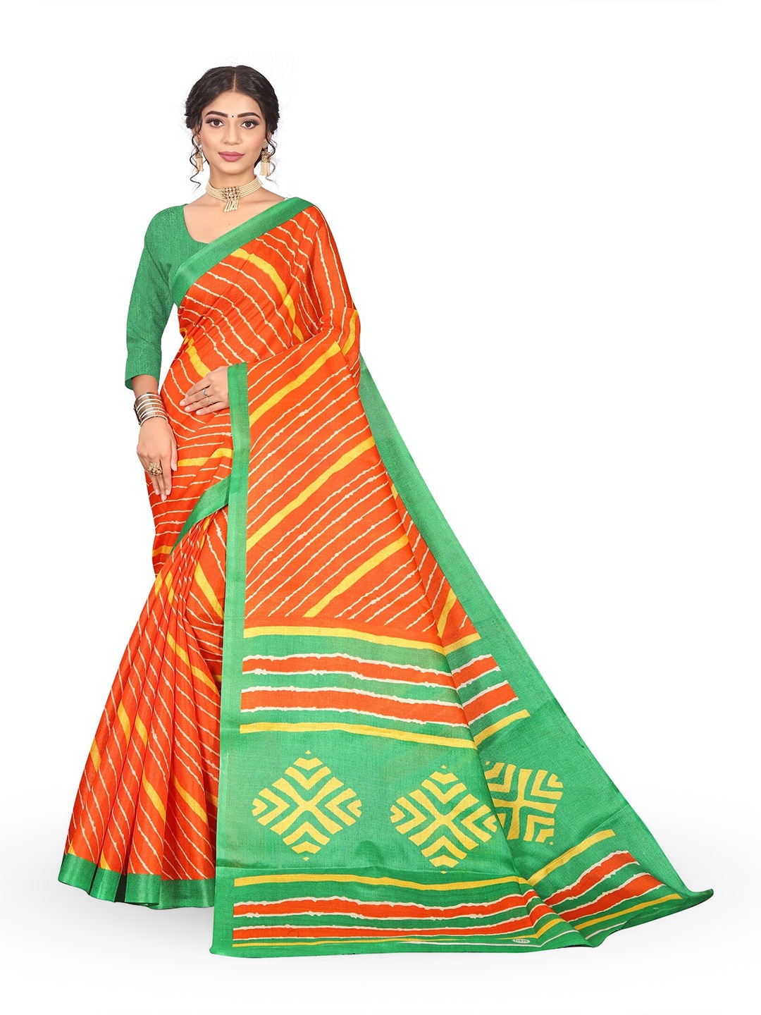 

RUNAYA NX Striped Pure Cotton Block Print Saree, Orange