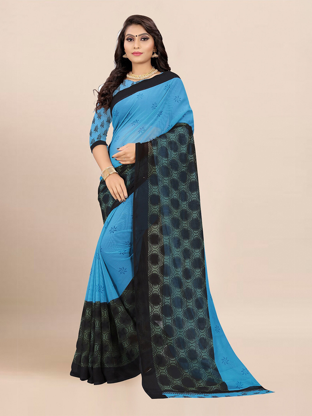 

RUNAYA NX Floral Pure Georgette Block Print Saree, Blue