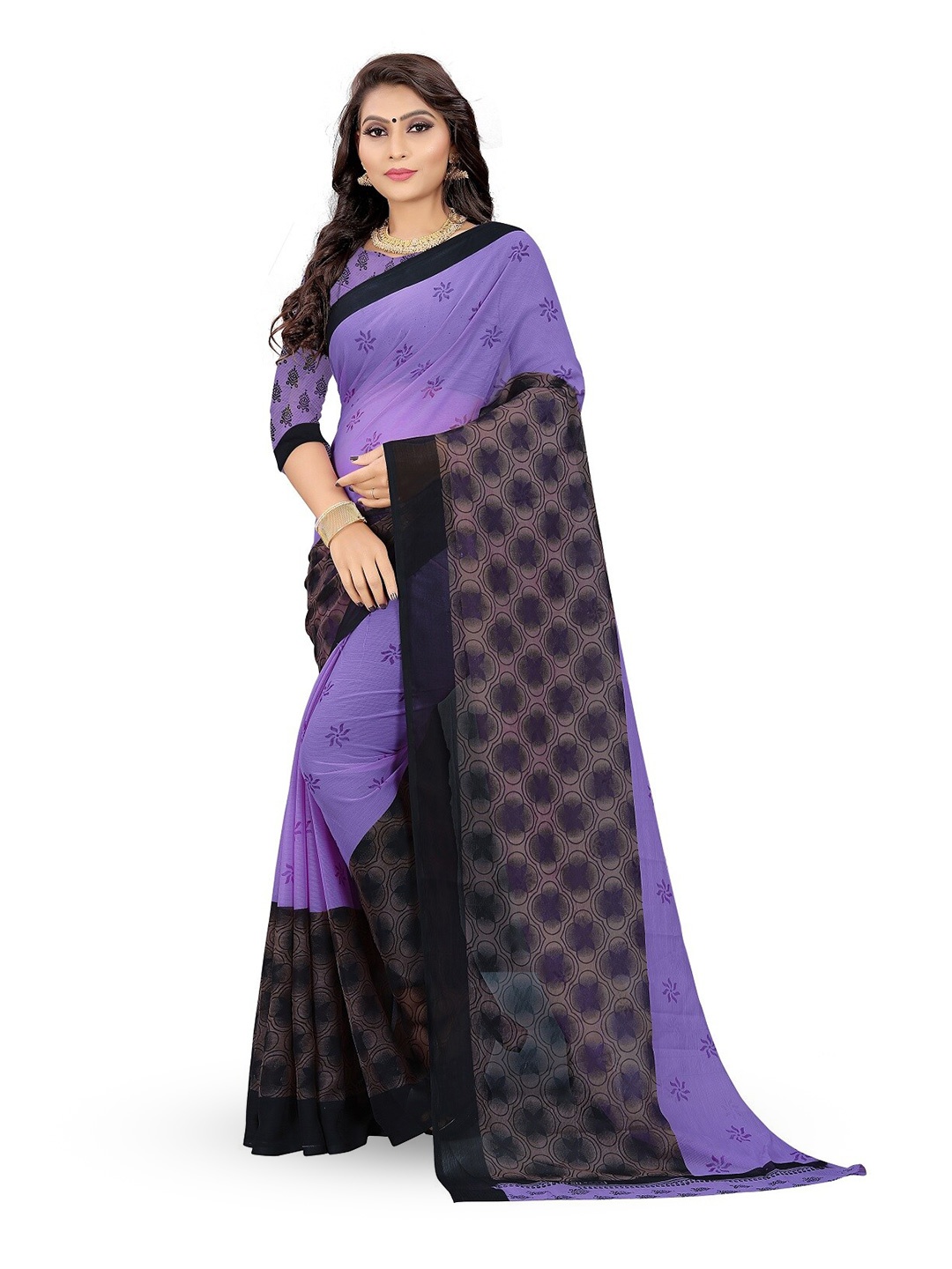 

RUNAYA NX Floral Pure Georgette Block Print Saree, Purple