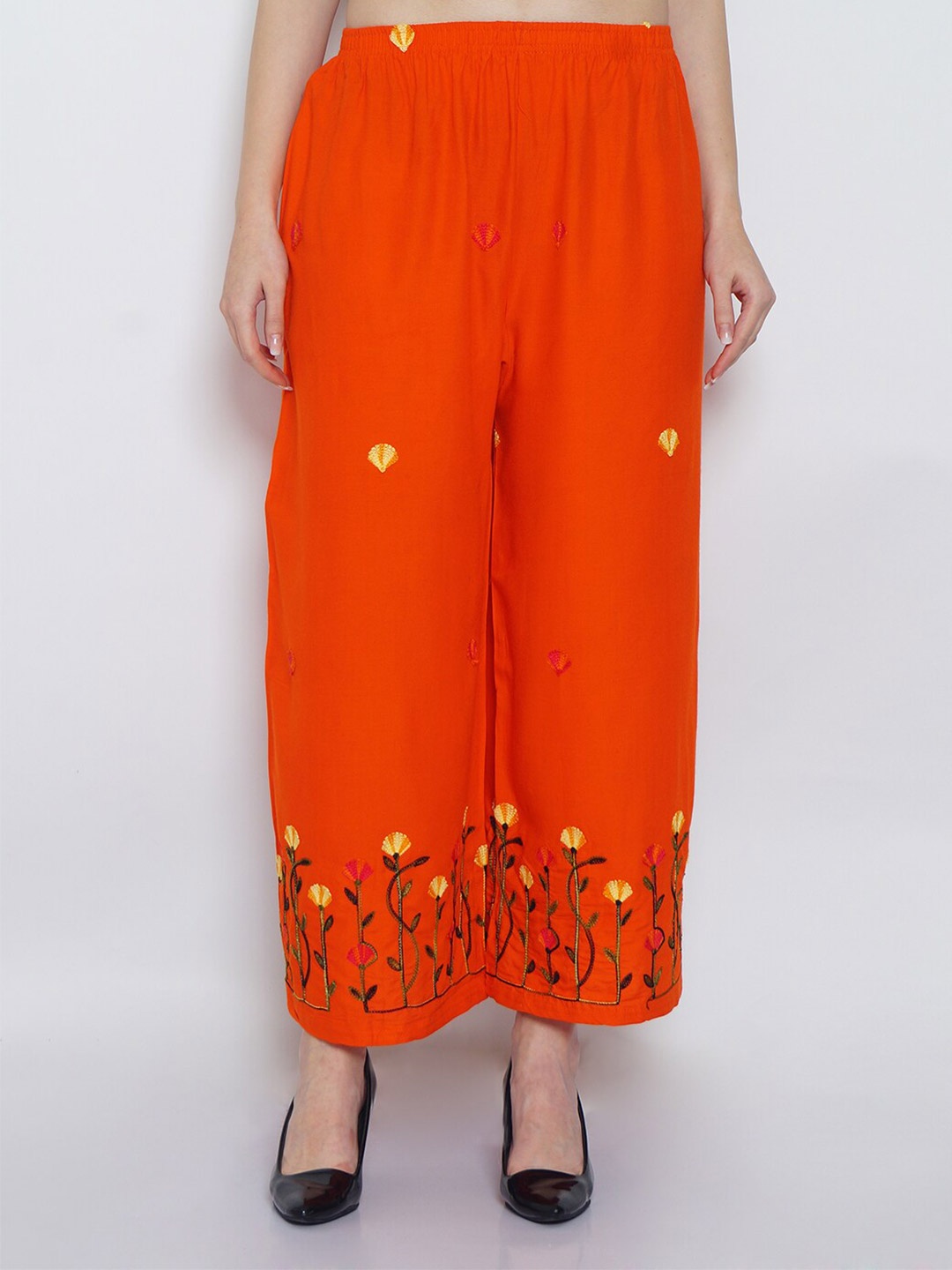 

Jinfo Floral Embroidered Knitted Wide Leg Palazzos, Orange