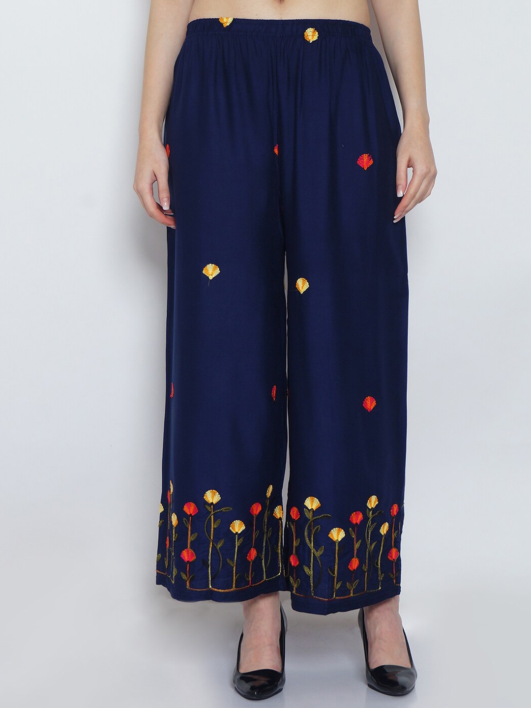 

Jinfo Floral Embroidered Knitted Wide Leg Palazzos, Navy blue