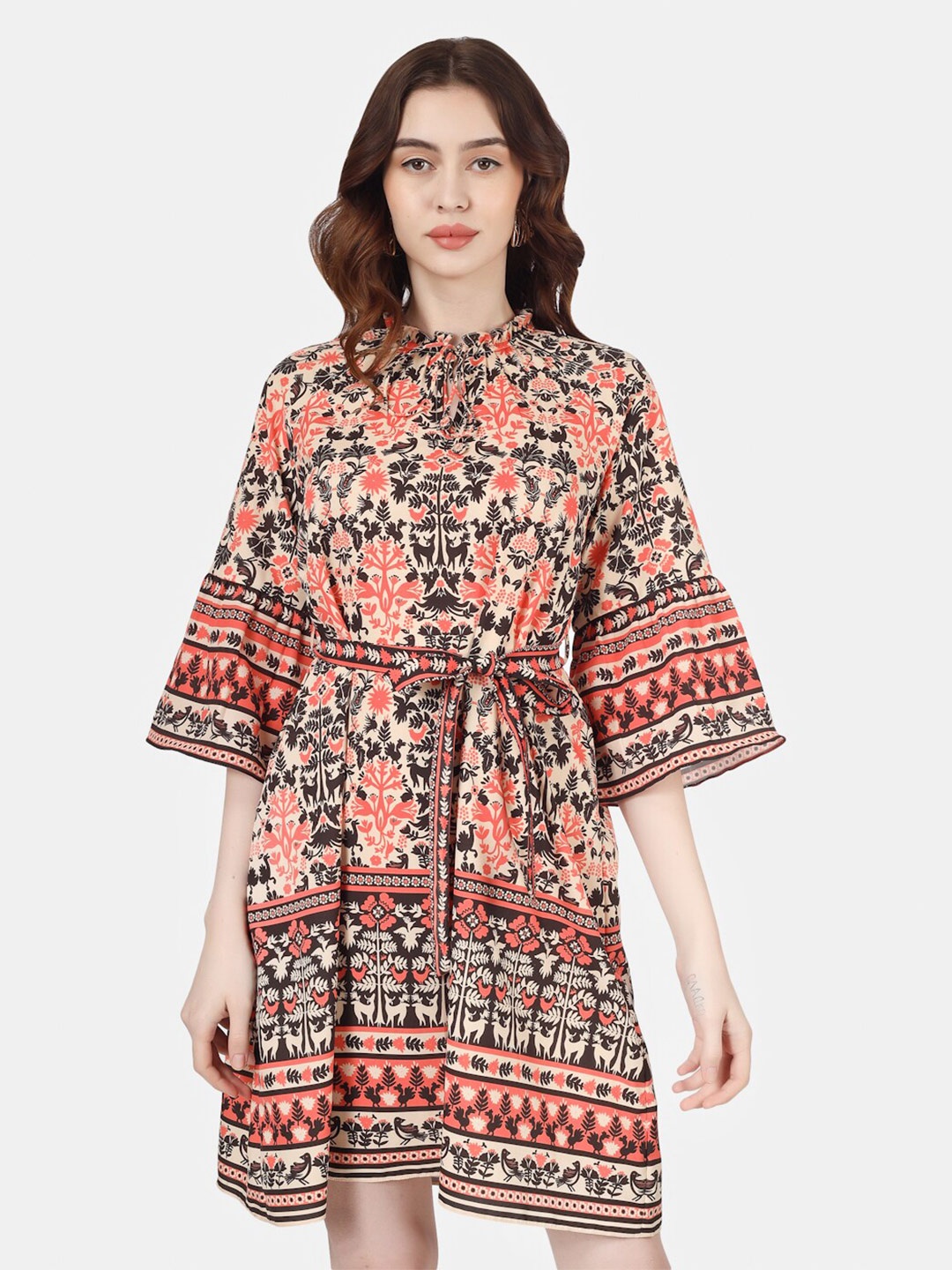 

Sukshat Ethnic Motifs Print Bell Sleeve Fit & Flare Dress, Beige