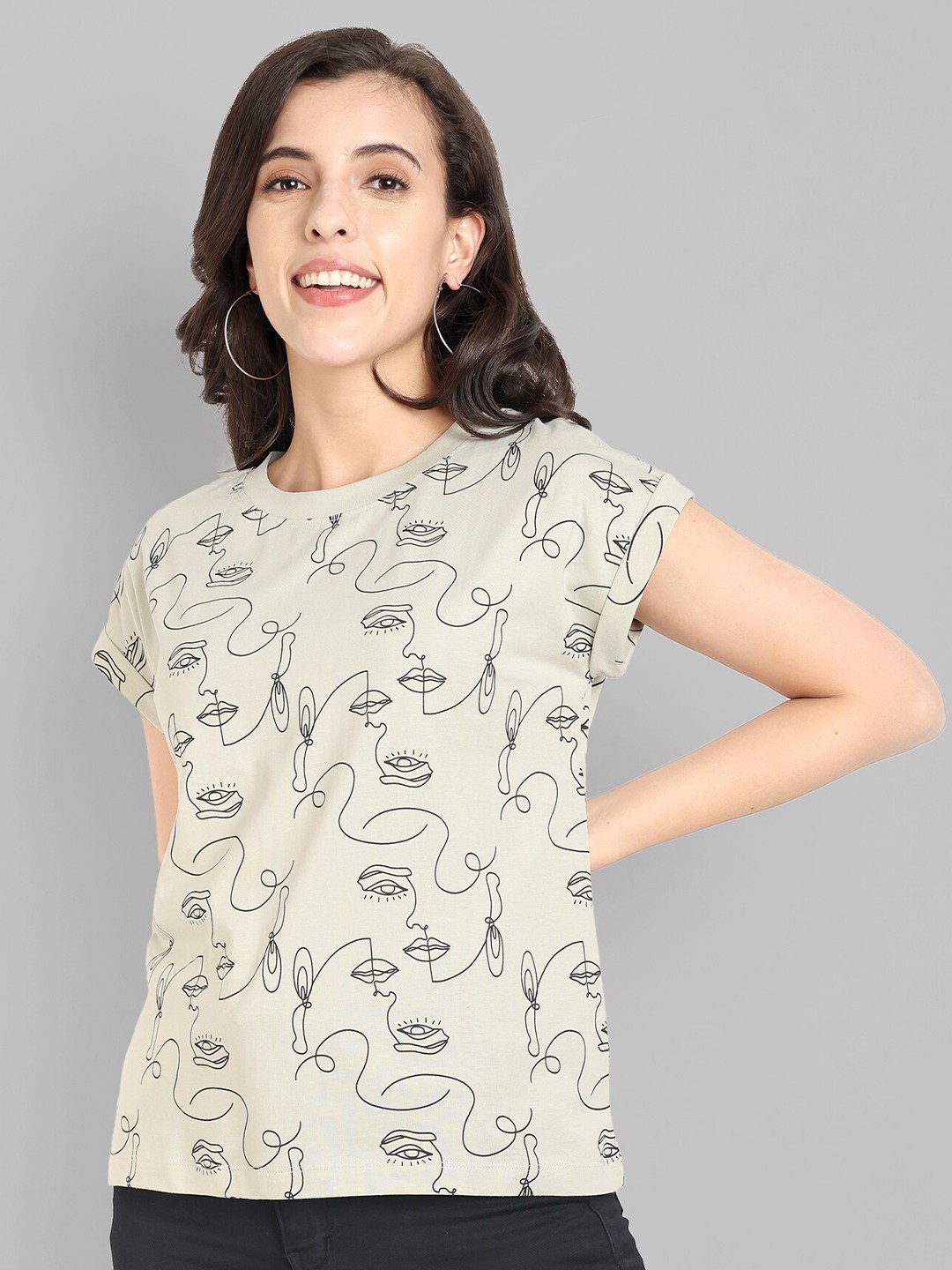 

HEYLAY Printed Extended Sleeves Cotton T-shirt, Beige