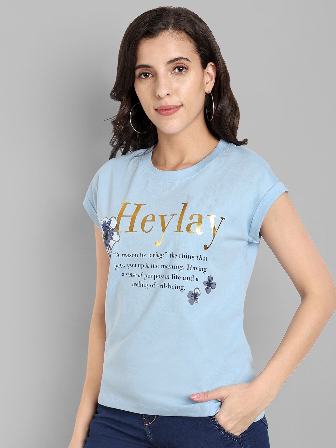 

HEYLAY Typography Printed Extended Sleeves Cotton T-shirt, Blue