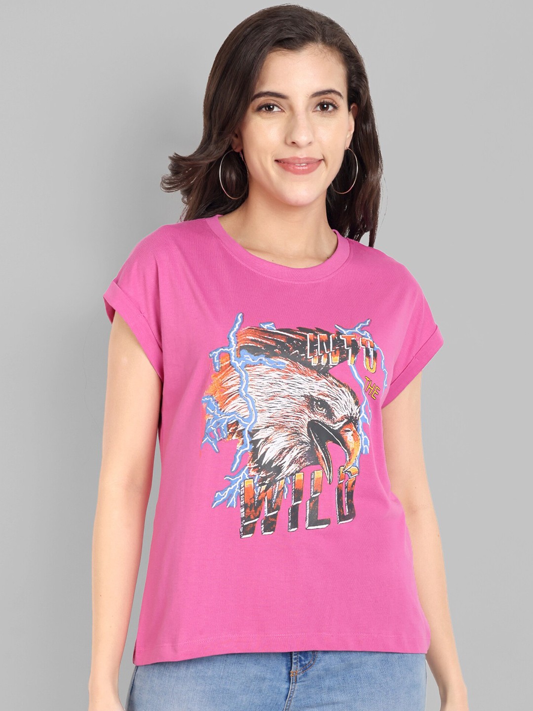 

HEYLAY Graphic Printed Round Neck Extended Sleeves Cotton T-shirt, Pink