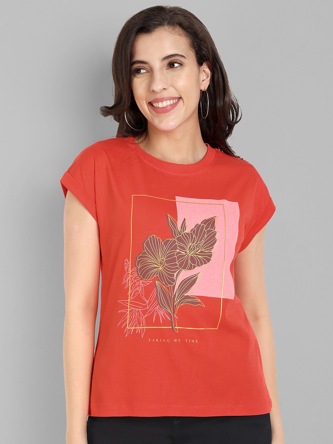 

HEYLAY Women Printed Round Neck Short Sleeves Cotton T-shirt, Red