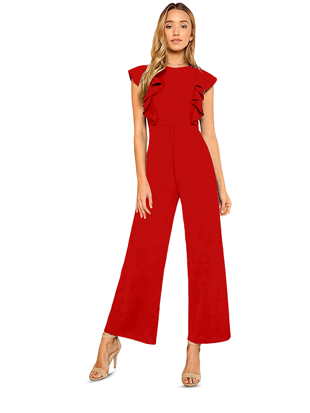 

Alekya Round Neck Ruffles Basic Jumpsuit, Red
