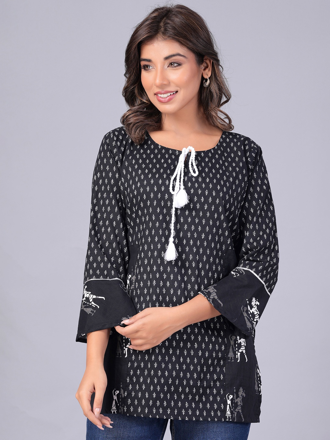 

PARCHHAI Geometric Printed Bell Sleeve Cotton Top, Black
