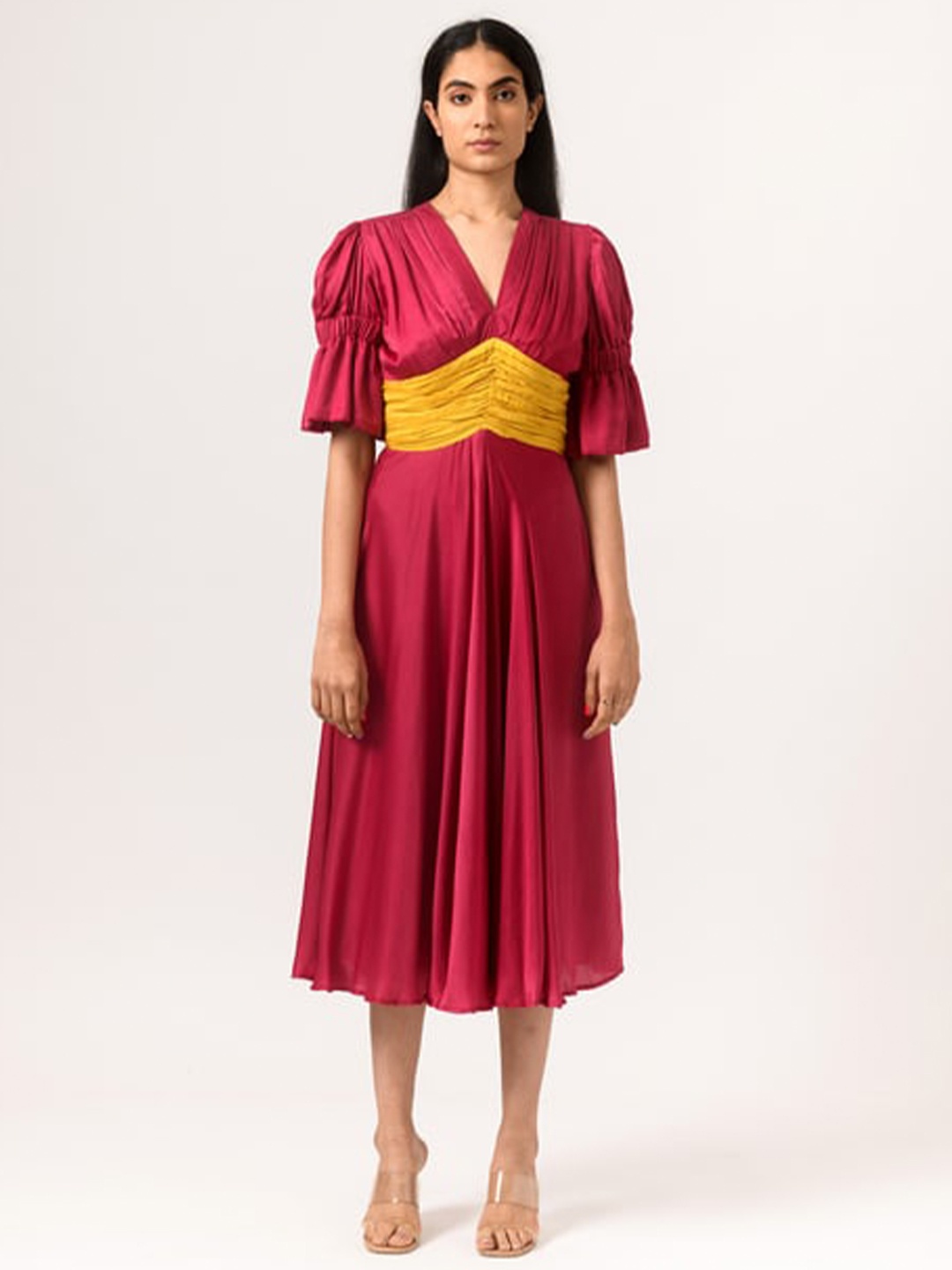 

Neora Colourblocked Bell Sleeves A-Line Midi Dress, Maroon