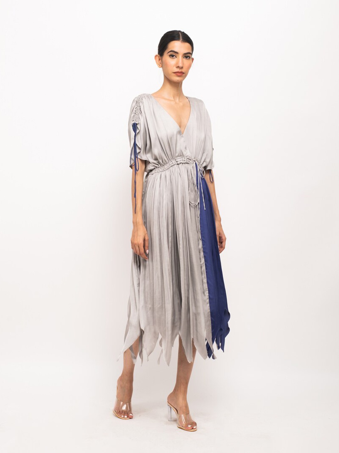 

Neora Colourblocked V-Neck Flared Sleeve Gathered Crepe Empire Midi Dress, Grey