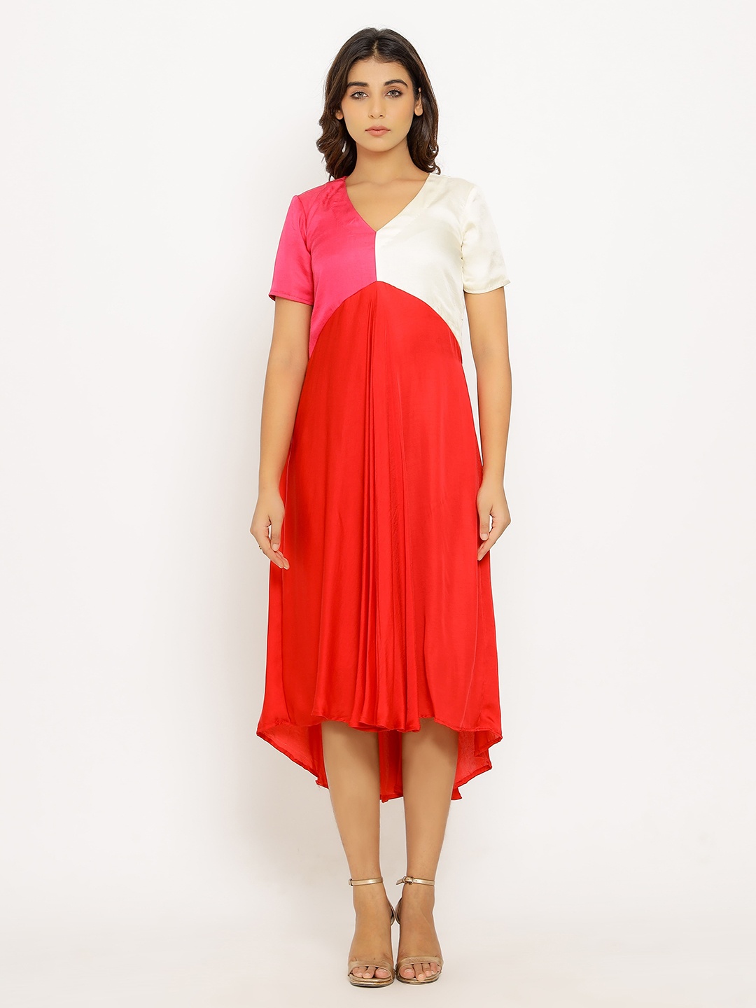 

Neora Colourblocked V-Neck Short Sleeves A-Line Midi Dress, Red