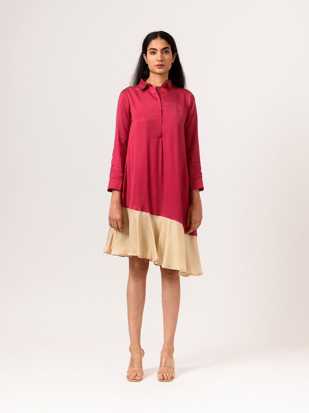 

Neora Colourblocked Shirt Collar Long Sleeves A-Line Dress, Maroon