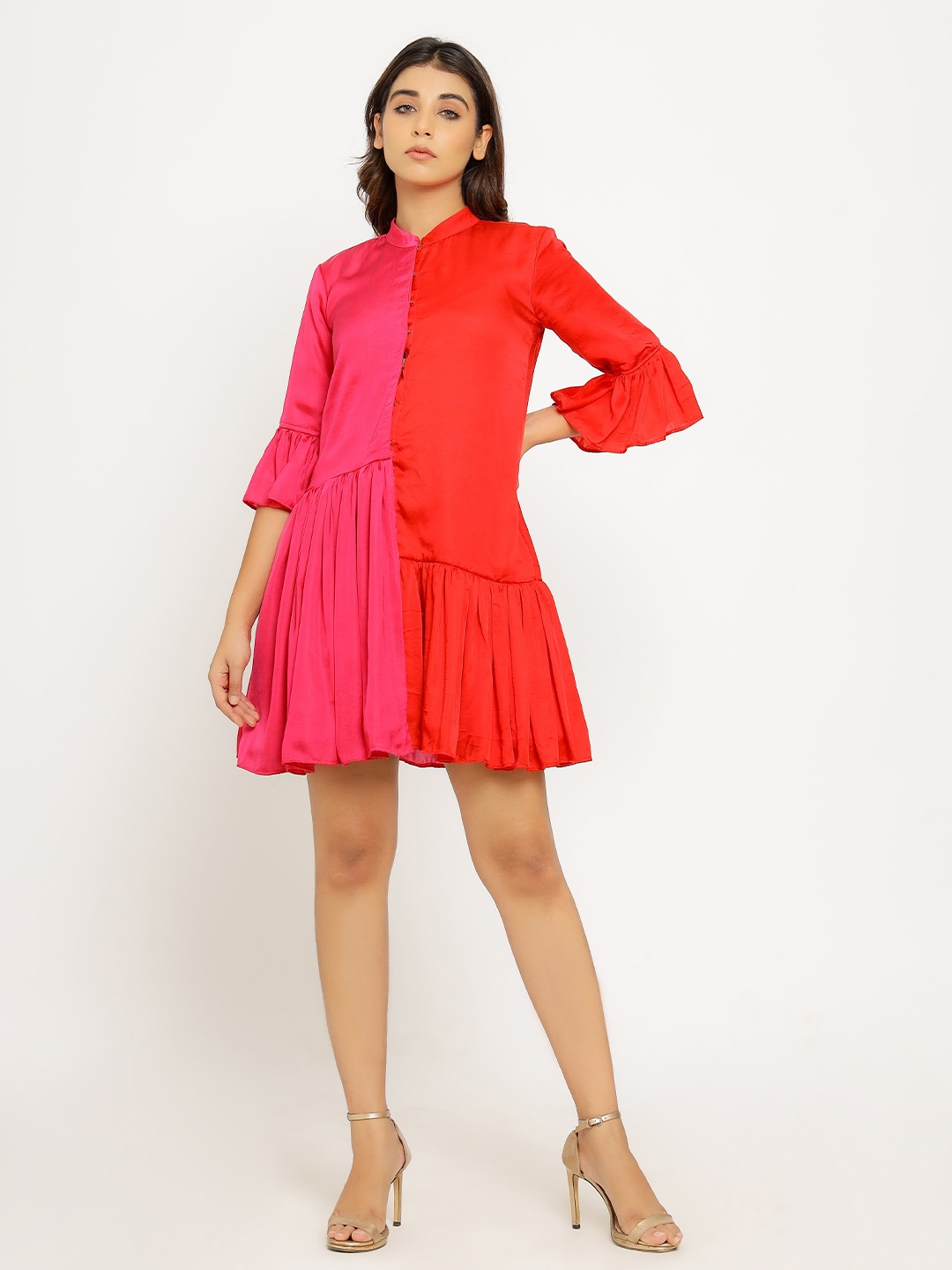 

Neora Colourblocked Cotton A-Line Dress, Red