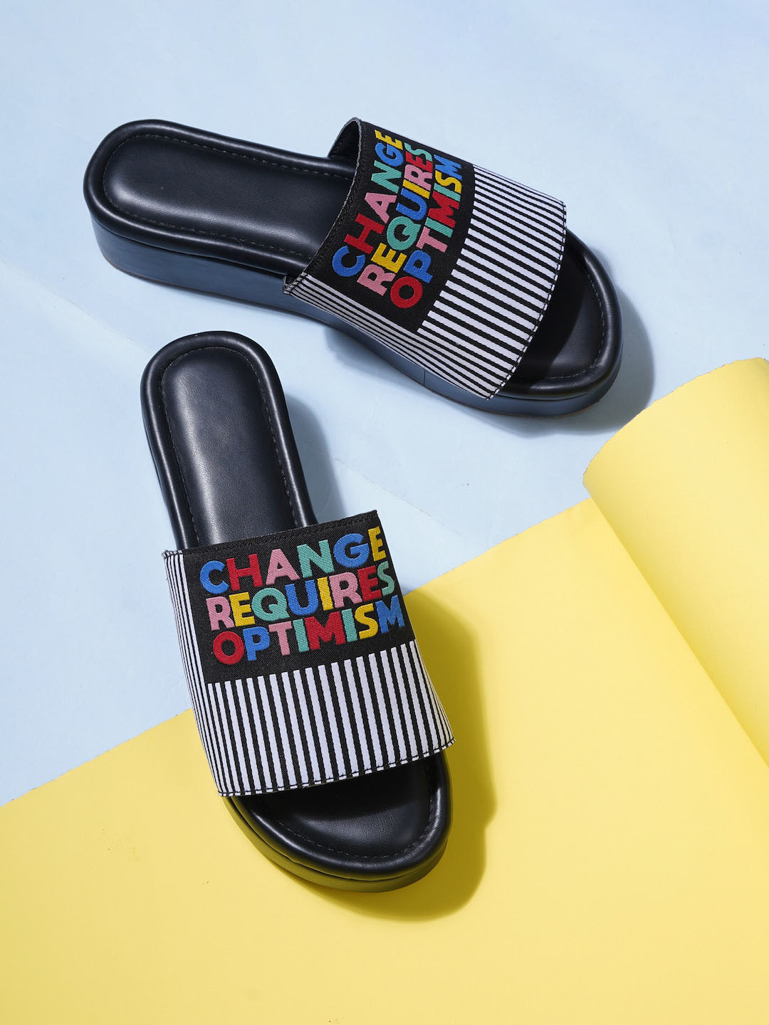 

HASTEN Printed Open Toe Flatform Heels, Black