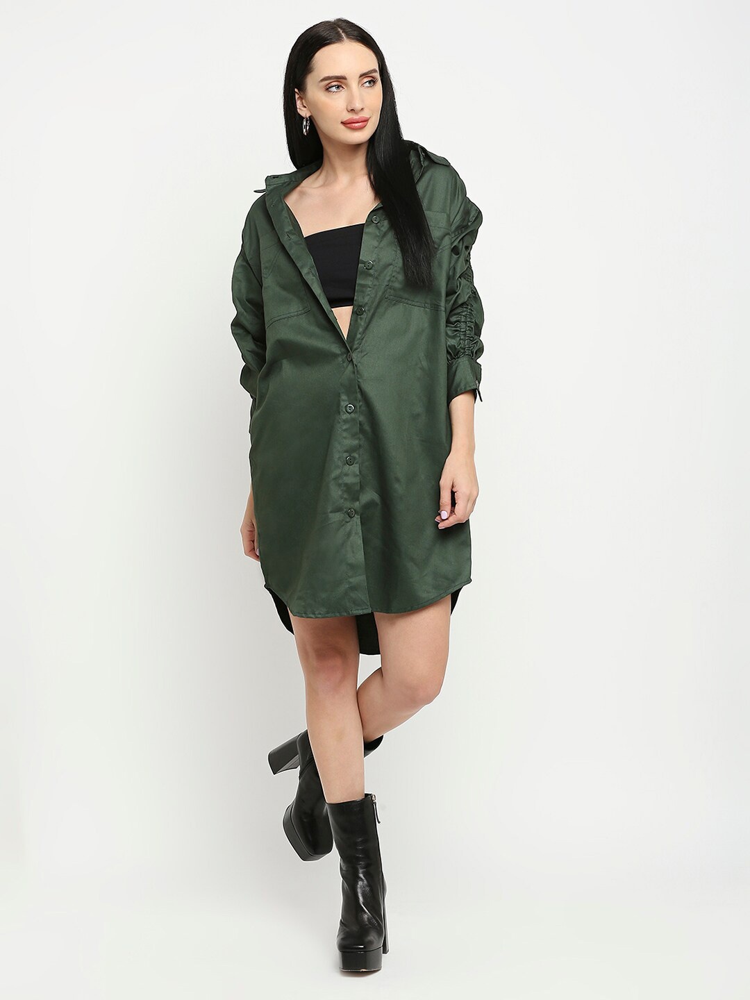 

Remanika Cuffed Sleeves Cotton Shirt Dress, Olive