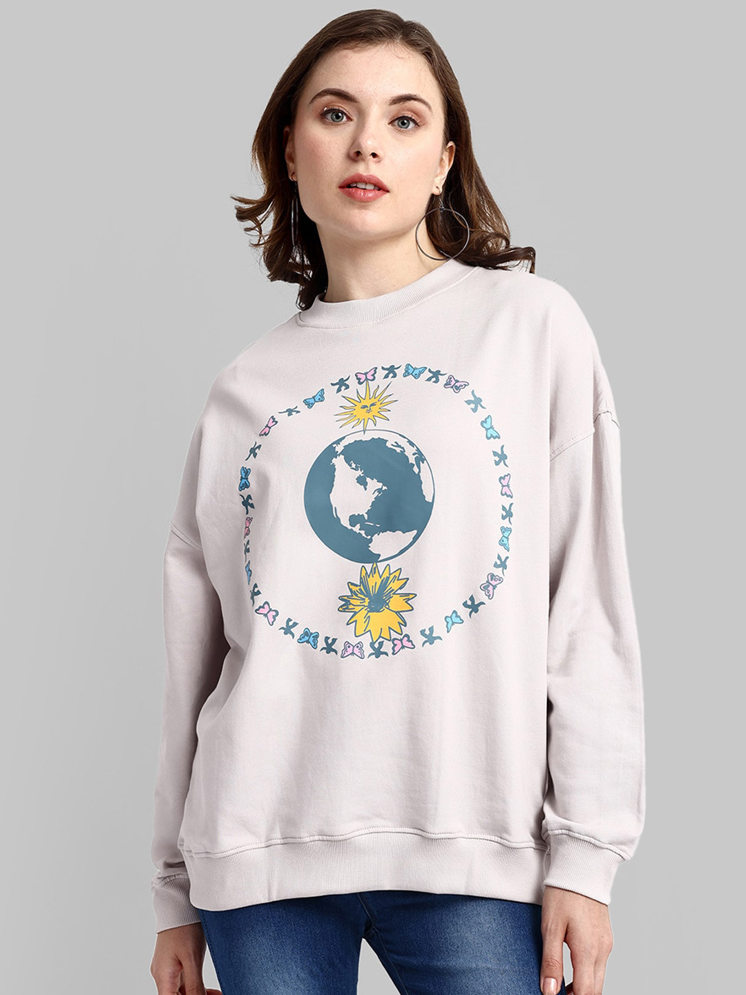 

HEYLAY Graphic Printed Long Drop Shoulder Sleeves Oversized Cotton Pullover Sweatshirt, Grey