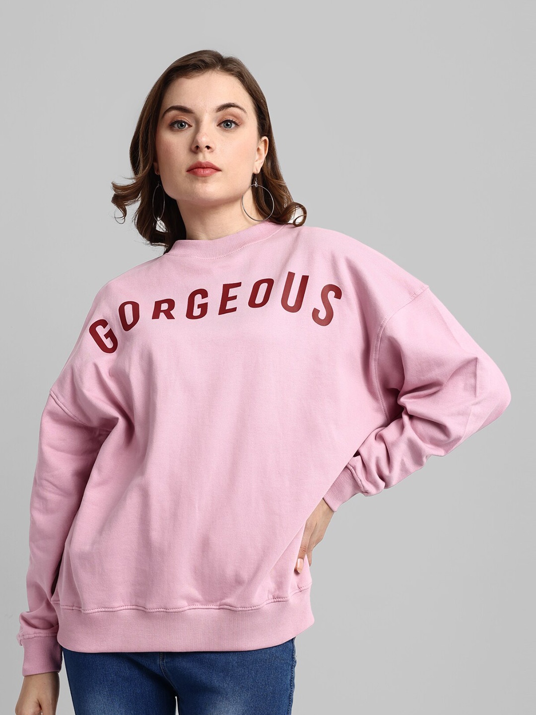 

HEYLAY Typography Printed Long Drop Shoulder Sleeves Oversized Cotton Pullover Sweatshirt, Pink