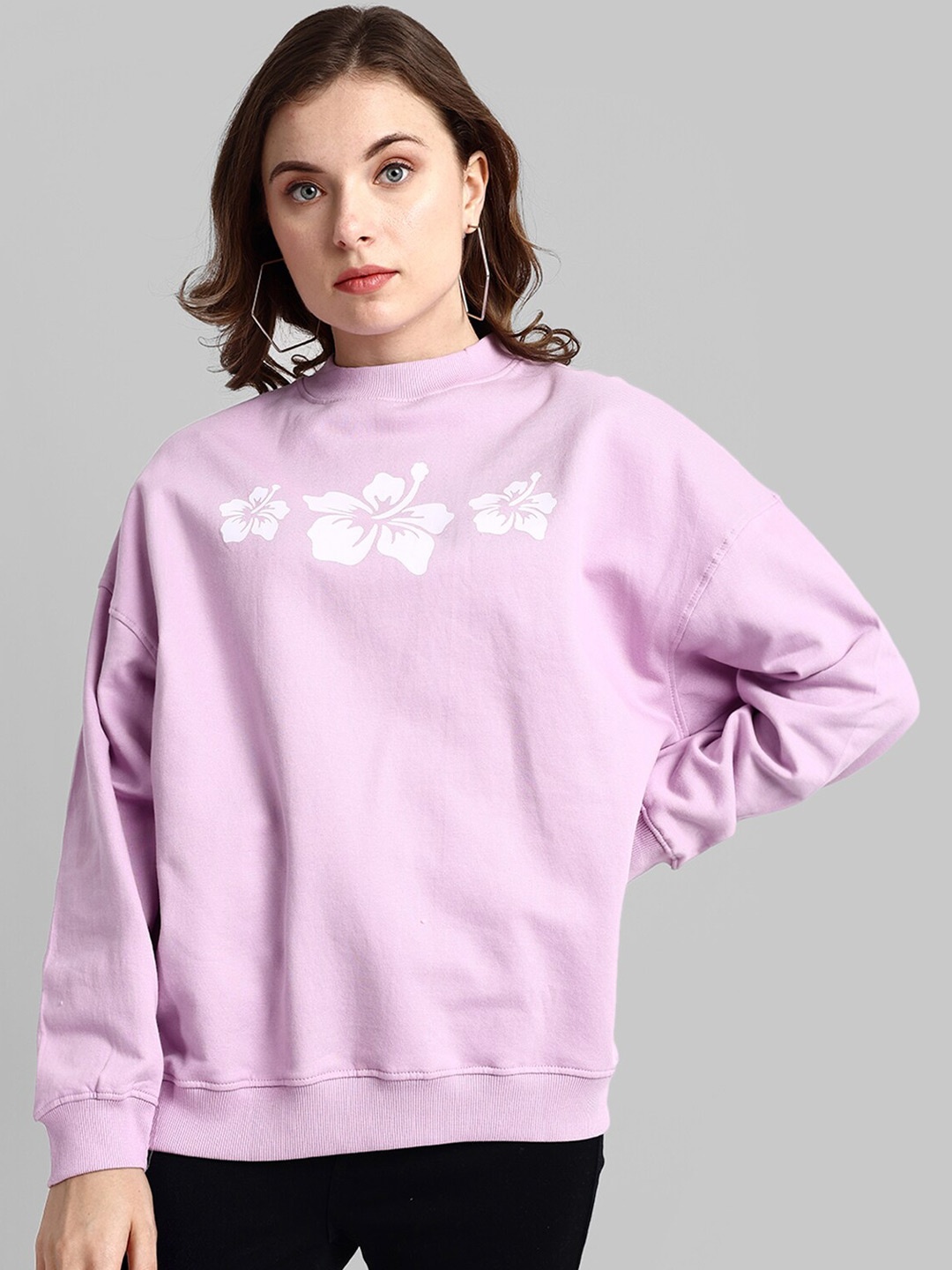 

HEYLAY Floral Printed Long Drop Shoulder Sleeves Oversized Cotton Pullover Sweatshirt, Purple