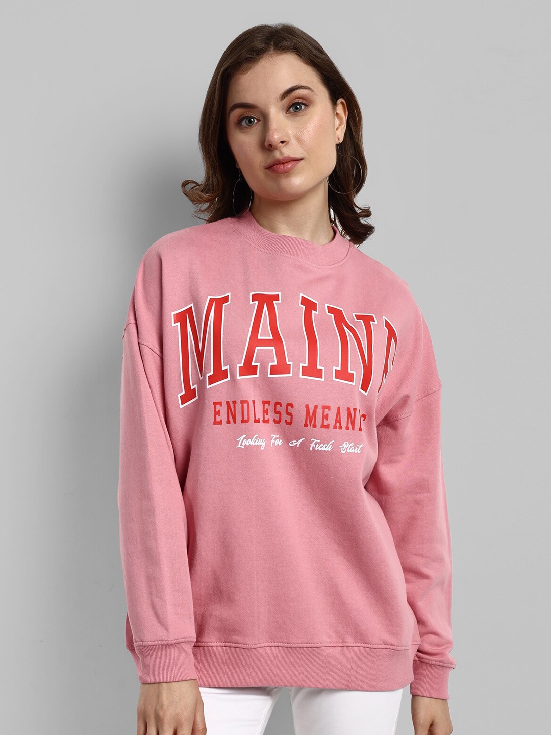 

HEYLAY Typography Printed Long Drop Shoulder Sleeves Oversized Cotton Pullover Sweatshirt, Pink