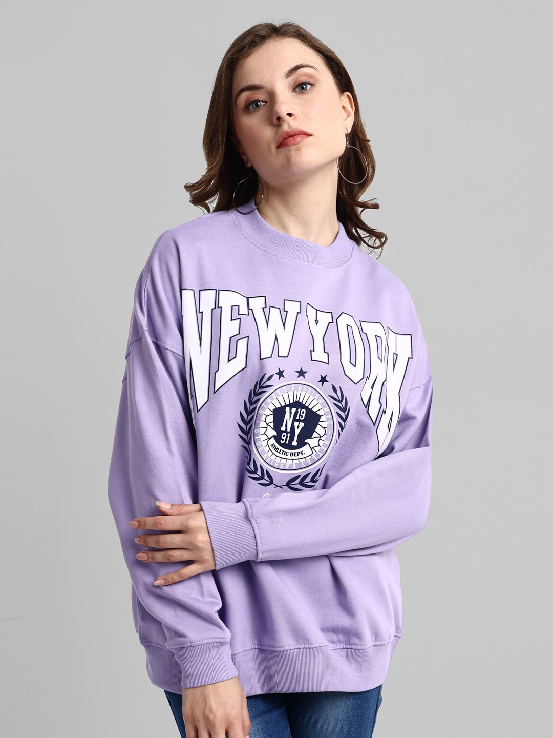 

HEYLAY Typography Printed Long Drop Shoulder Sleeves Oversized Cotton Pullover Sweatshirt, Purple