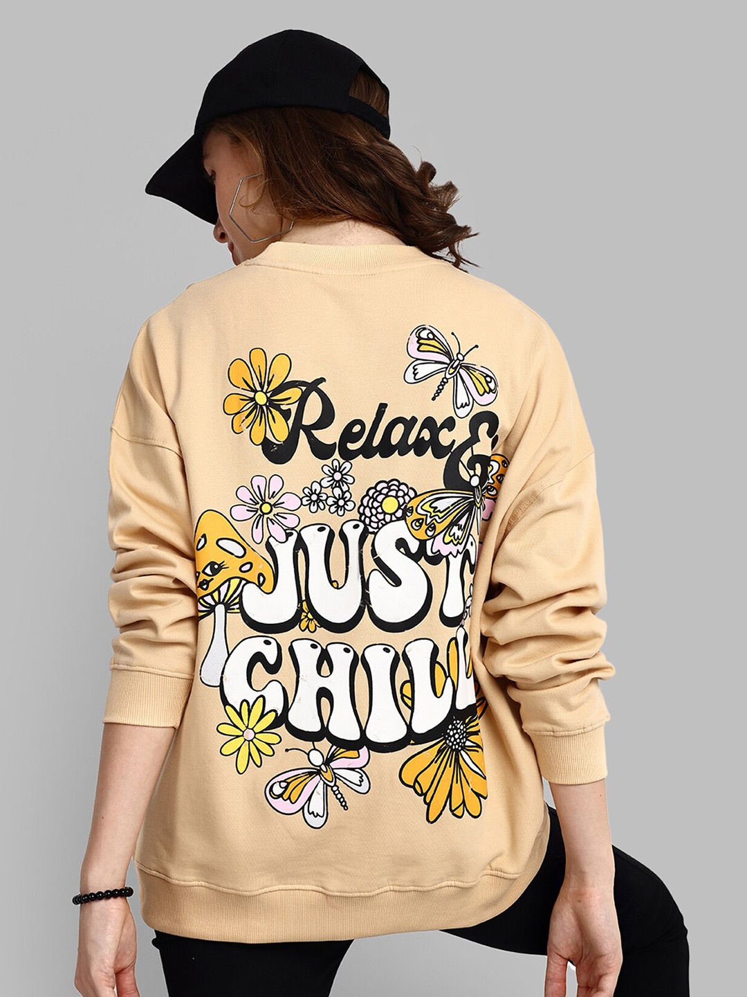 

HEYLAY Graphic Printed Long Drop Shoulder Sleeves Oversized Cotton Pullover Sweatshirt, Beige