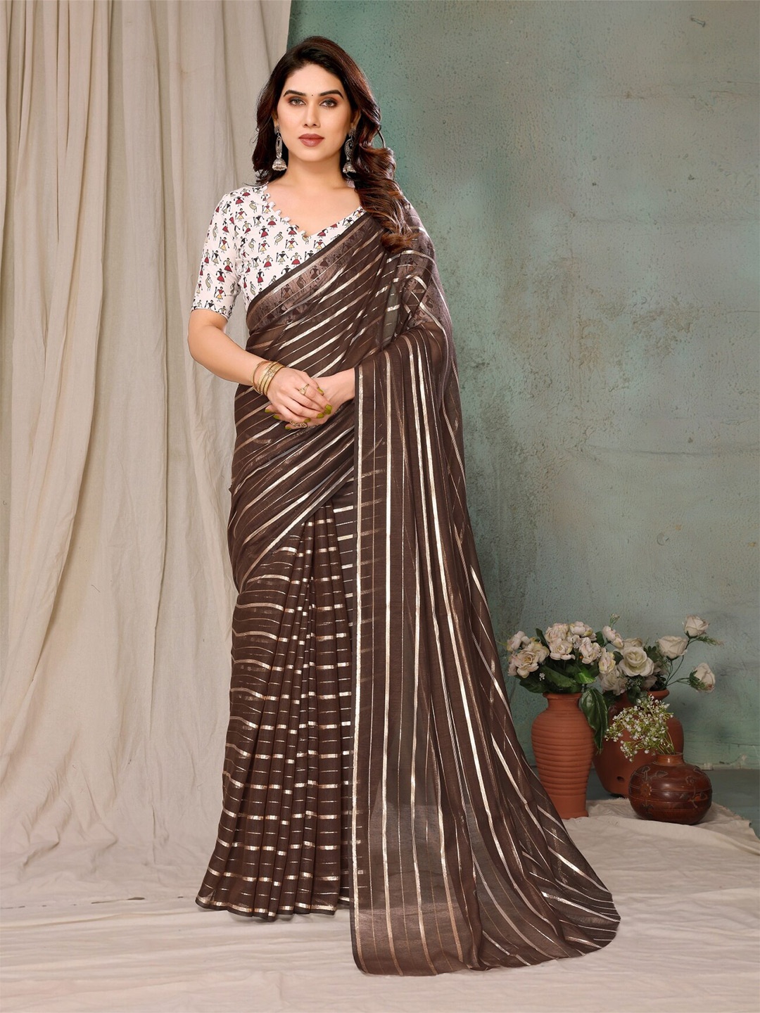 

vj fashion Leheriya Printed Zari Leheriya Saree, Brown