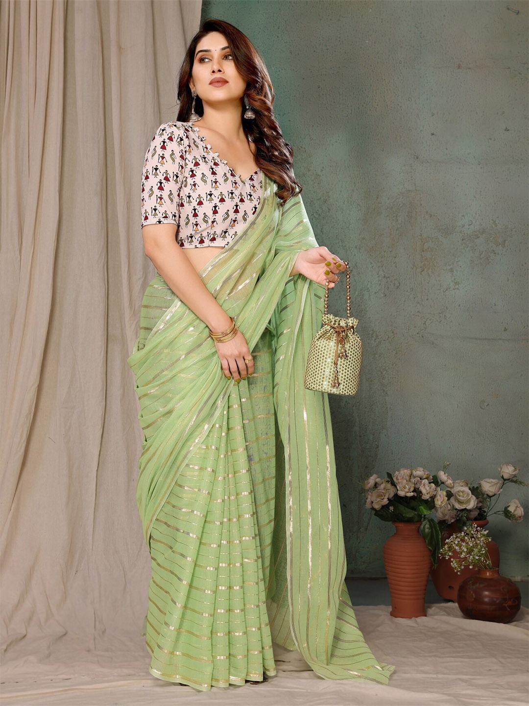 

vj fashion Leheriya Printed Zari Leheriya Saree, Green