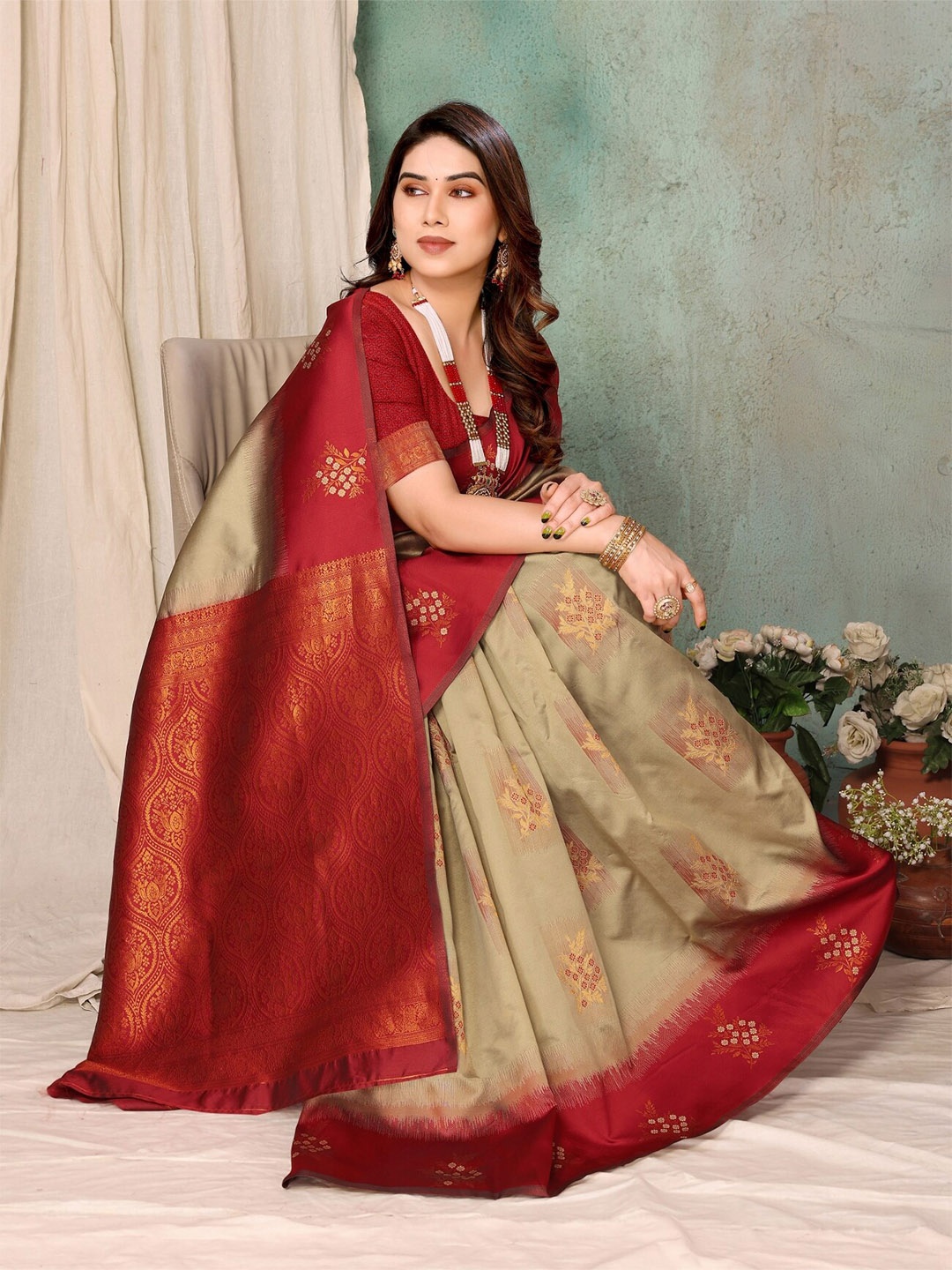 

vj fashion Ethnic Motifs Woven Design Zari Banarasi Saree, Beige