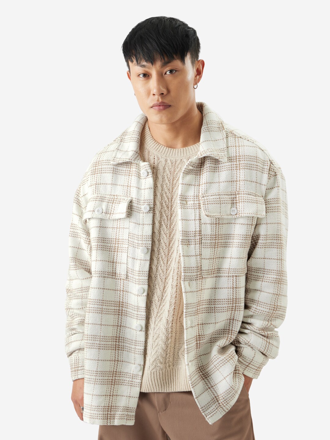 

The Souled Store Spread Collar Tartan Checks Checked Cotton Casual Shackets, White