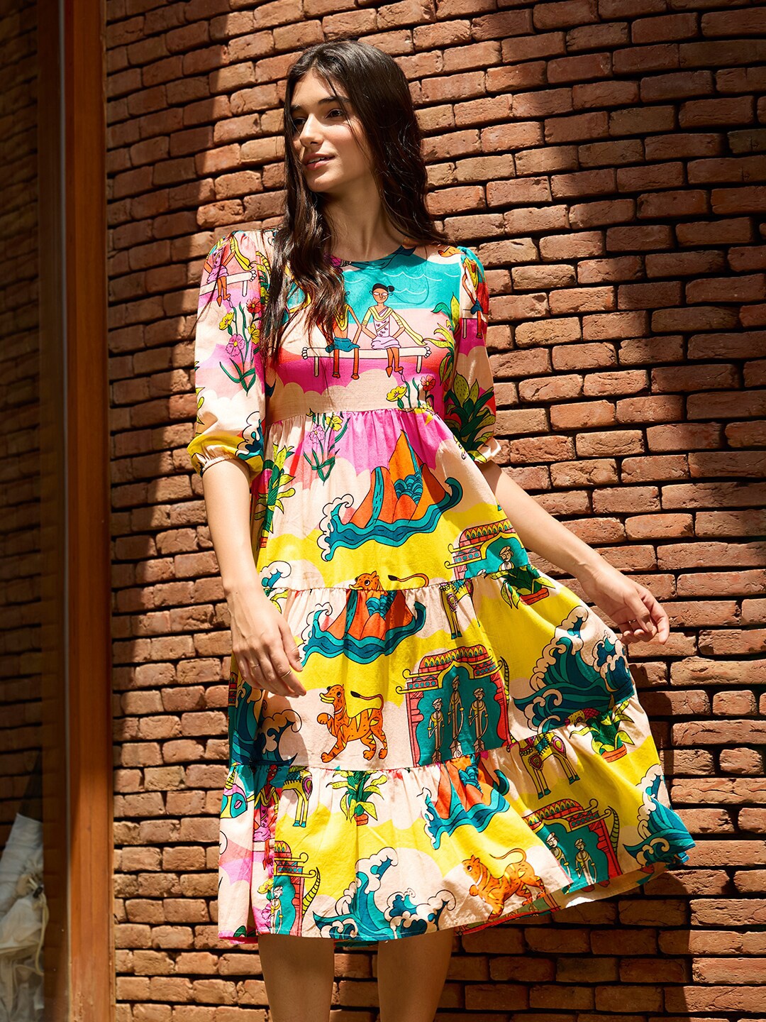 

The Souled Store Conversational Printed Puff Sleeves Pure Cotton A-Line Midi Dress, Yellow
