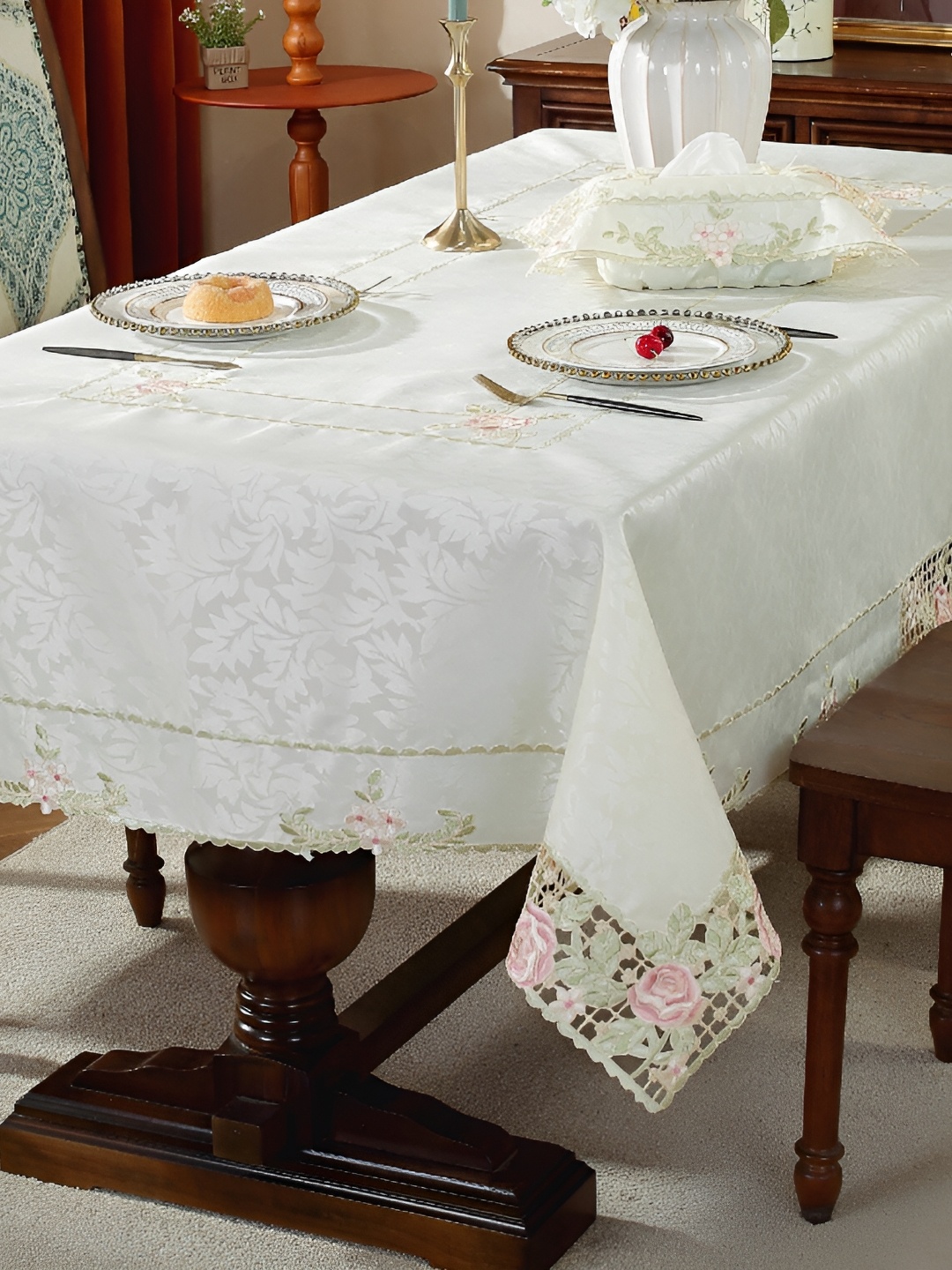 

TANLOOMS White & Pink Floral Embroidered Anti-Skid Rectangle Table Cover
