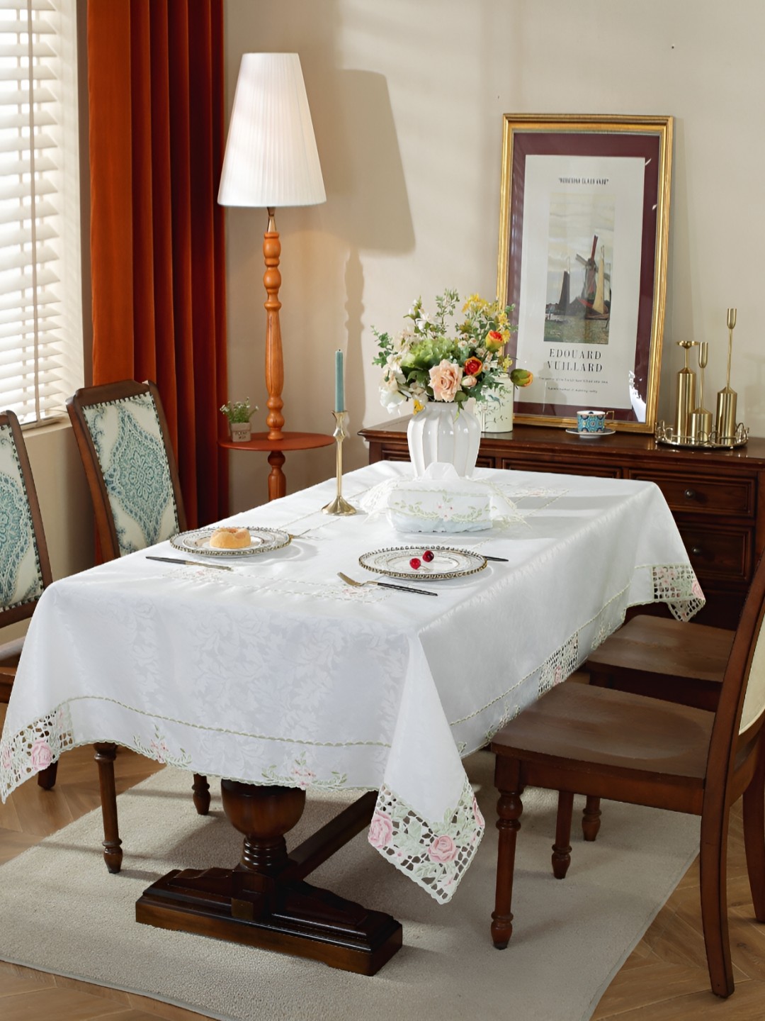 

TANLOOMS White & Pink Floral Embroidered Rectangle Table Cover
