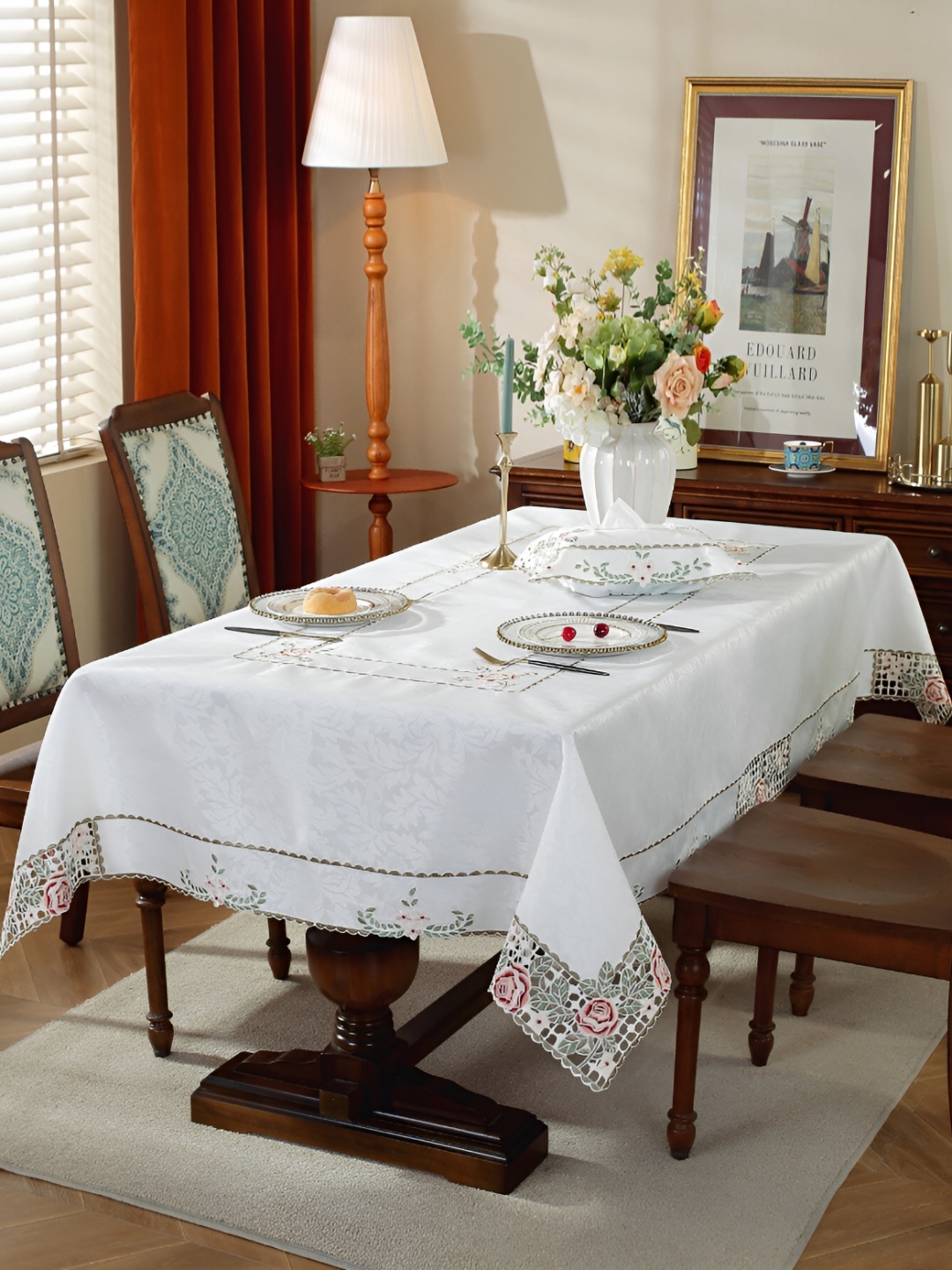 

TANLOOMS White & Maroon Floral Embroidered Rectangle Table Cover