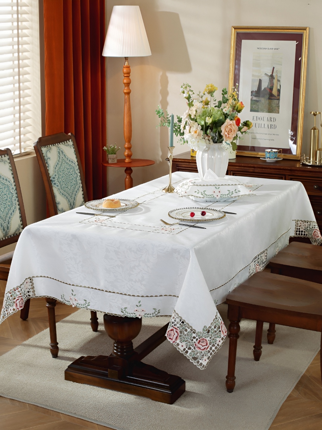 

TANLOOMS White & Pink Floral Embroidered Anti-Skid Rectangle Table Cover