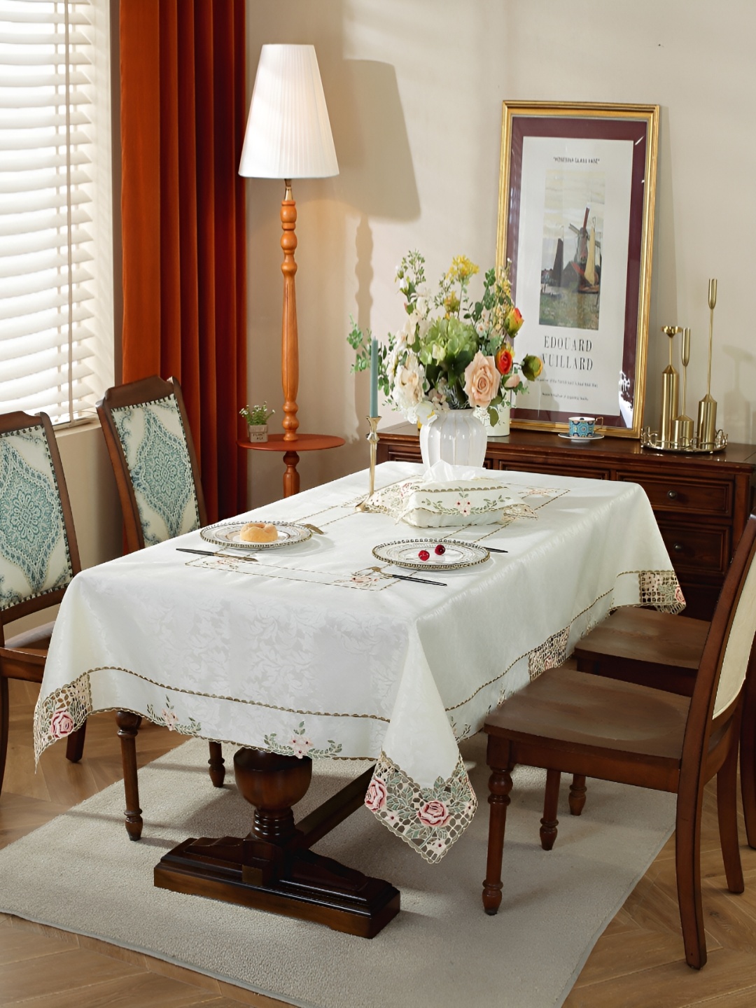 

TANLOOMS White & Maroon Floral Embroidered Rectangle Table Cover