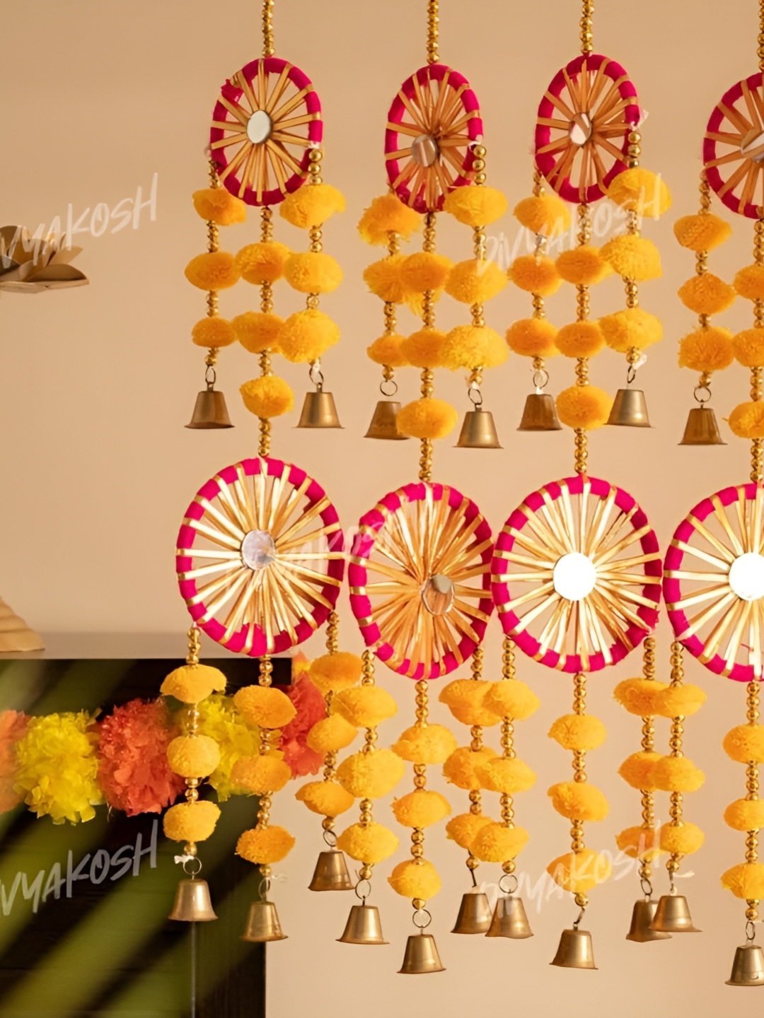 

Divyakosh Yellow & Pink 4 Pieces Chakri Latkan Wall Hangings