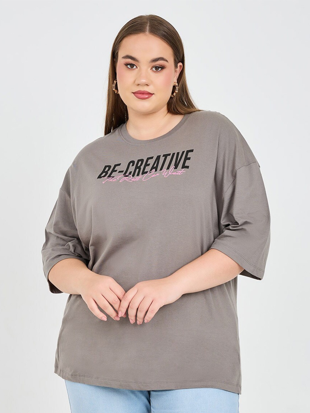Styli Plus Size Typography Print Drop-Shoulder Sleeves Cotton Oversized T-shirt, Charcoal