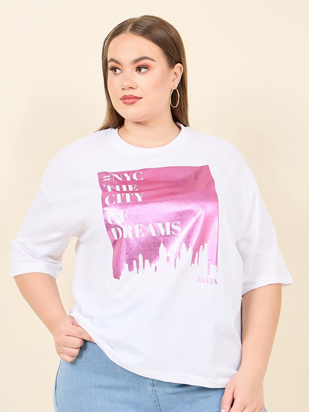 

Styli Plus Size Typography Printed Drop Shoulder Sleeves Cotton Oversized T-shirt, White