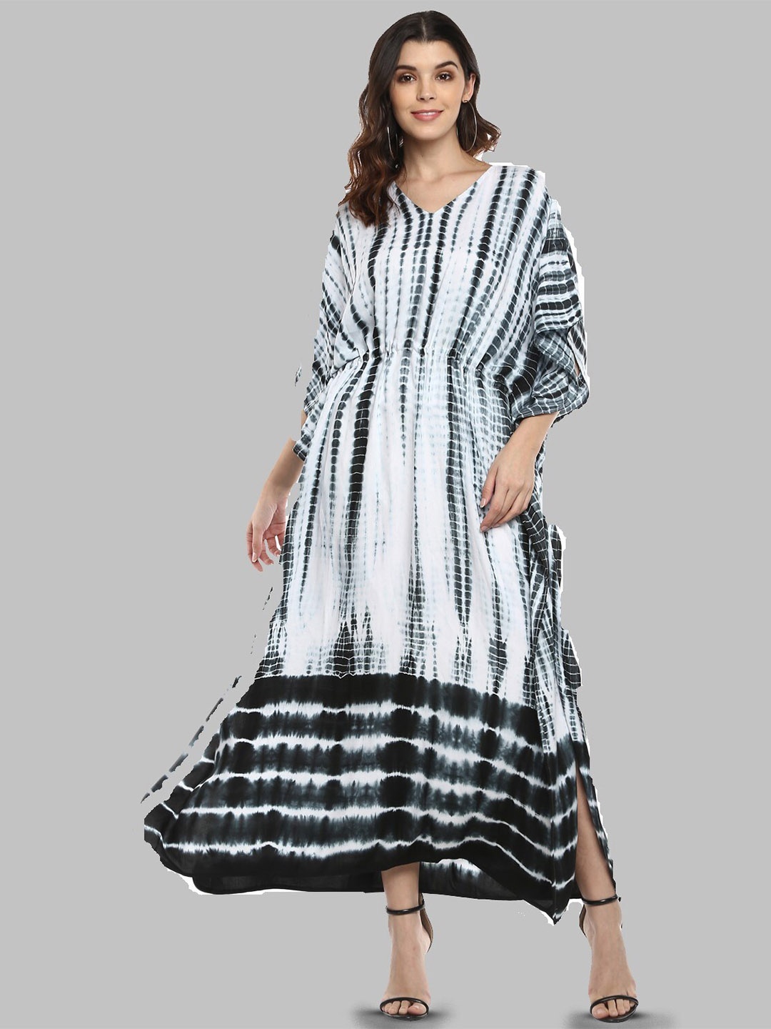 

CRAFTBAZAR Tie and Dye V-Neck Flared Sleeves Kaftan Maxi Dress, Black