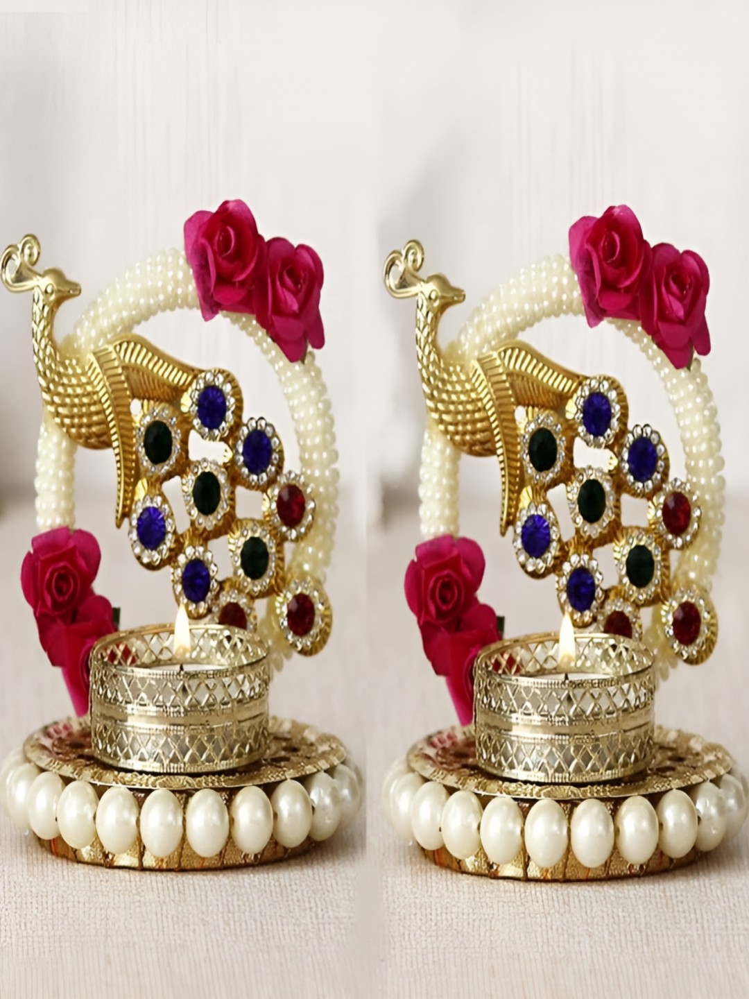 

Divyakosh Red 2 Pieces Metal Peacock with Stones Handcrafted Tea Light Candle Holder