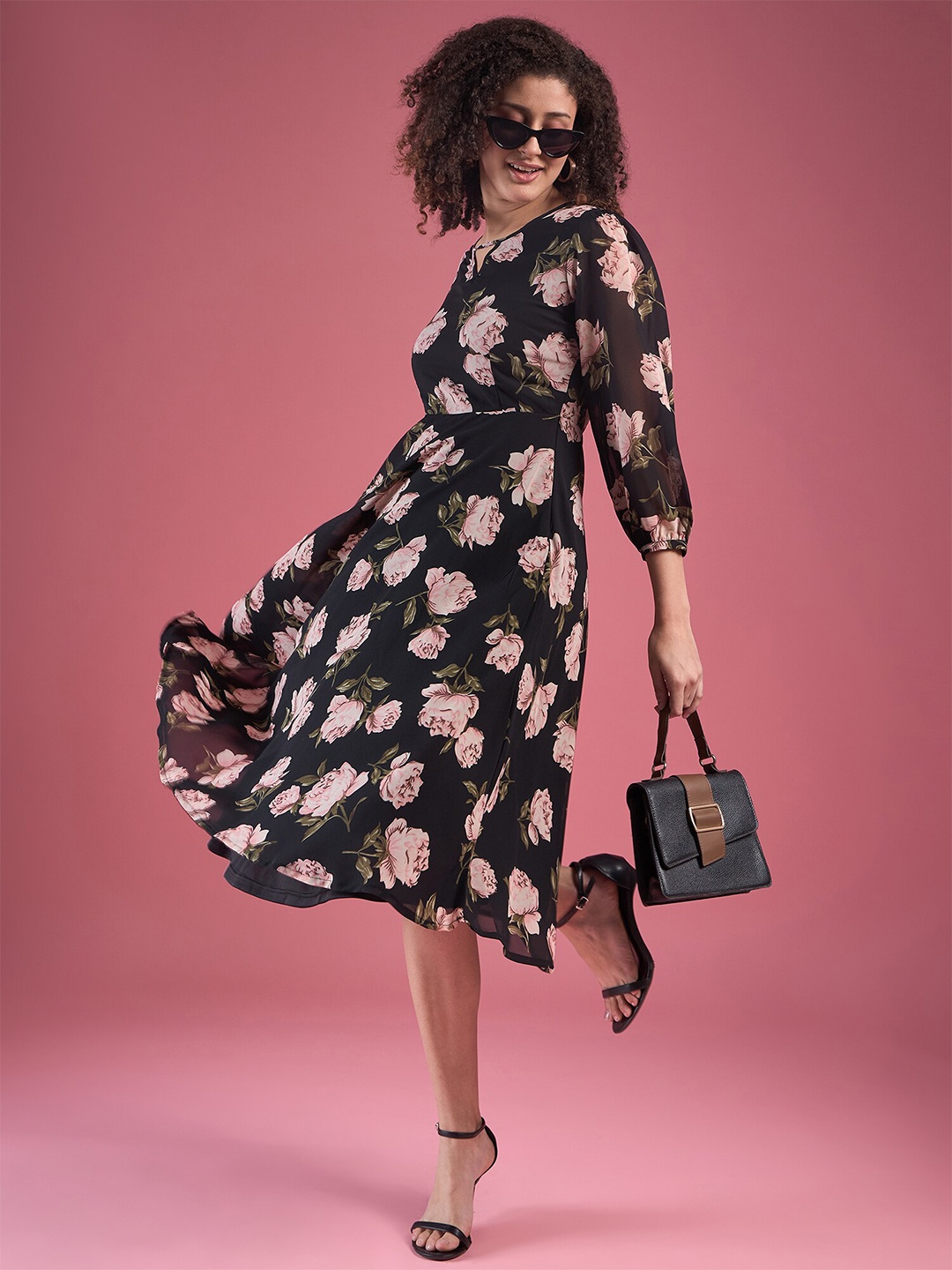 

DressBerry Floral Printed A-line Midi Dress, Black