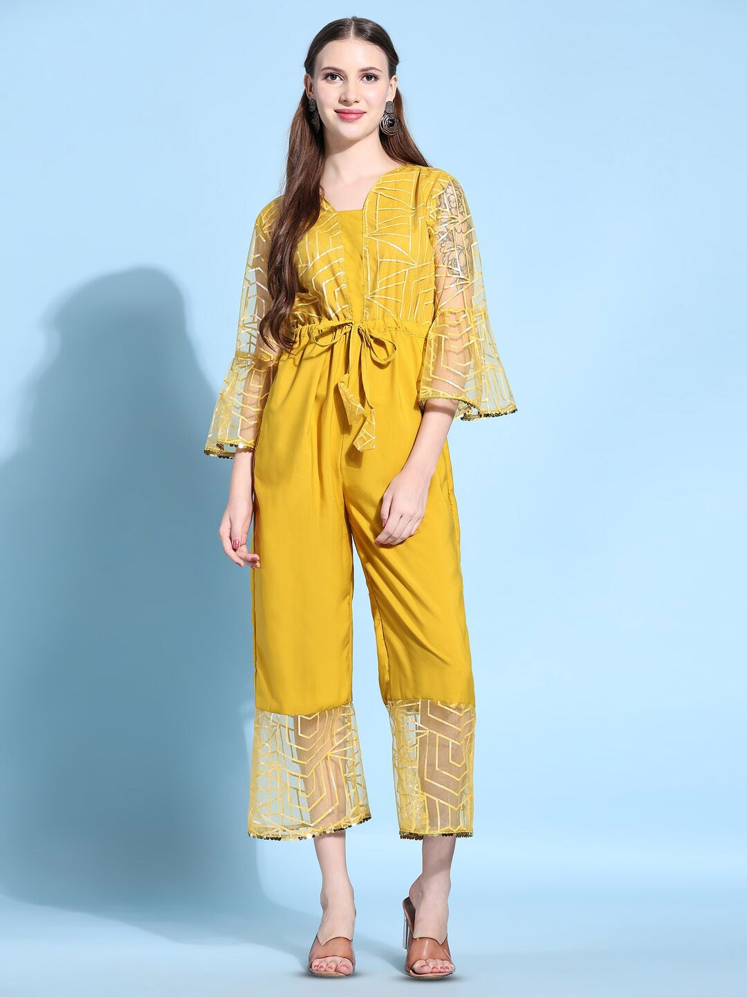 

Modestouze Attires Printed Sequined Tie Up Culotte Jumpsuit, Yellow