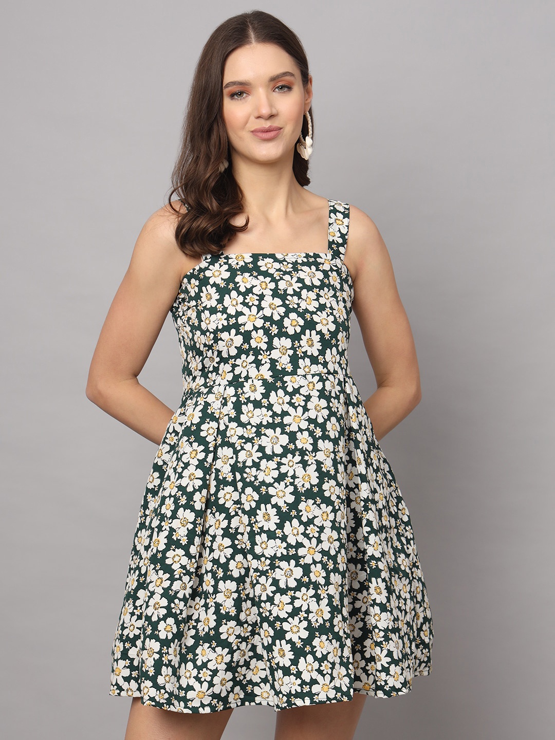 

Modestouze Attires Floral Printed Shoulder Straps A-Line Dress, Green