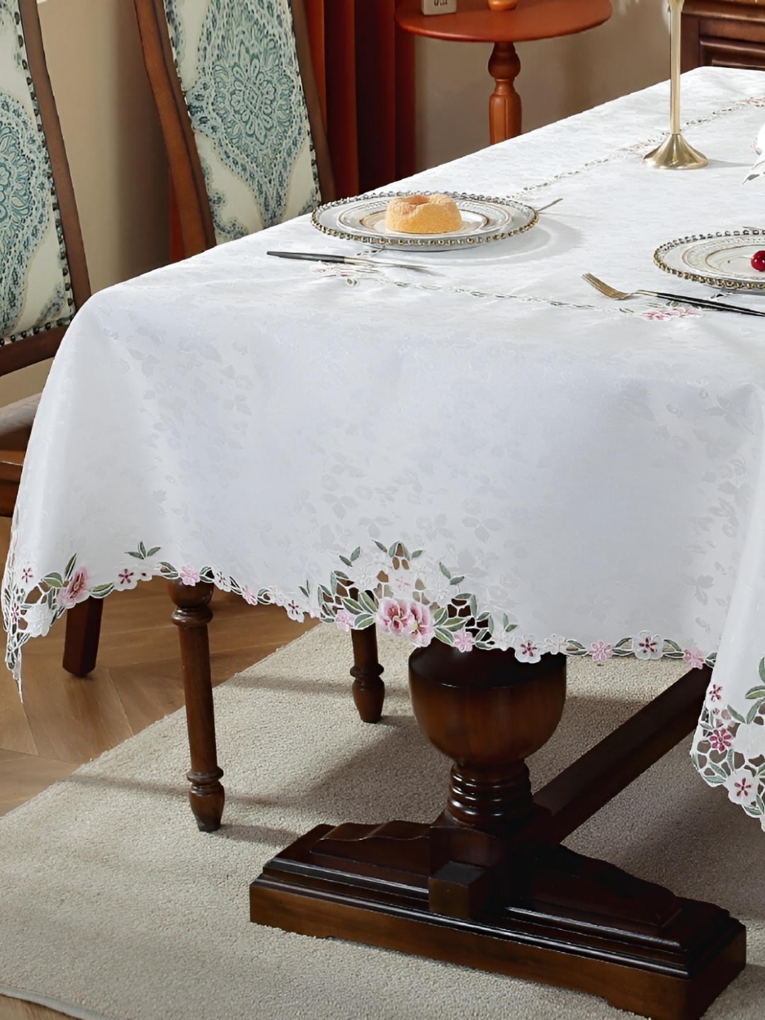 

TANLOOMS White & Pink Floral Embroidered Rectangle Table Cover